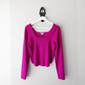 Bar III Crop Top Size Large Hot Pink Long Sleeve Square Neck Stretch Knit